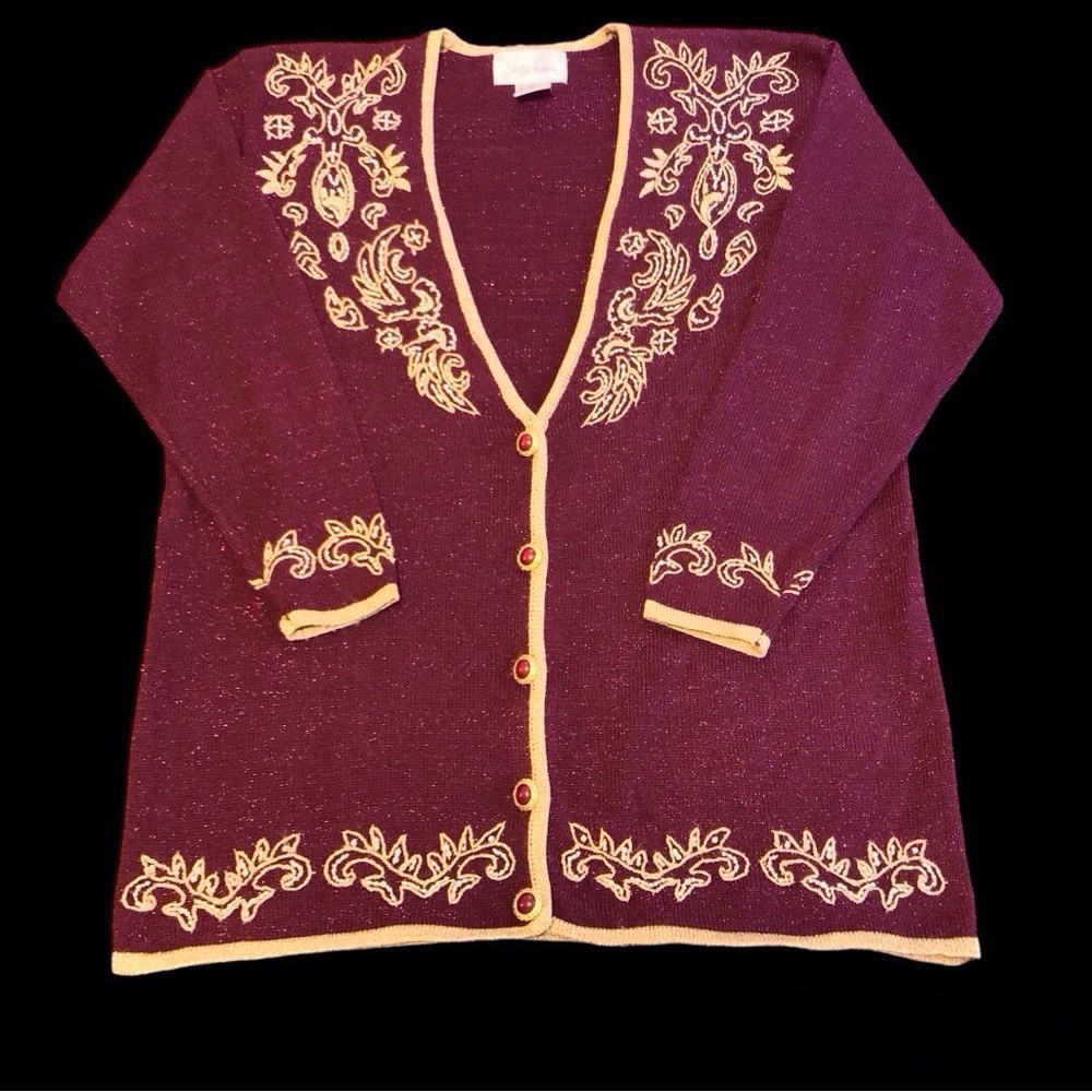 Vintage Burgundy button down sweater with gold detailing and glitter (L)